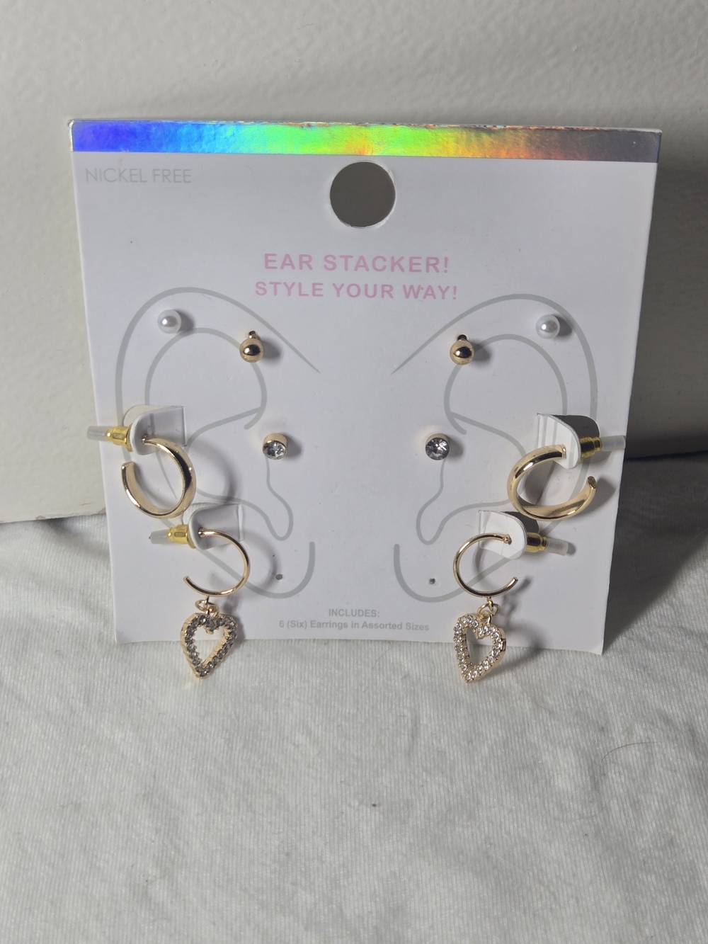 NWT 5 Pair Of Earrings - Gold Heart Ear Stacker Set - Crystal Accents